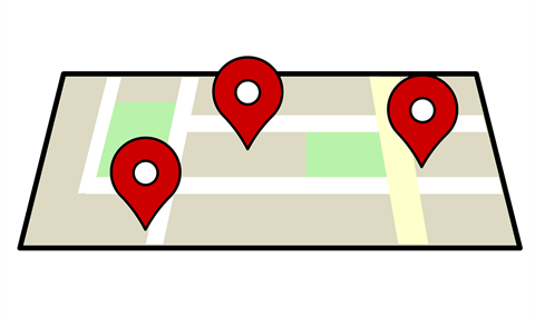 A street map, with pins noting locations.