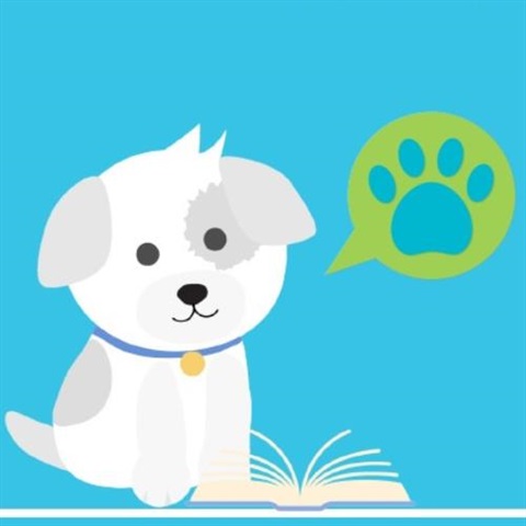 “”Spotted cartoon dog with a book and a green speech bubble with a dog paw print in it on a blue background. 