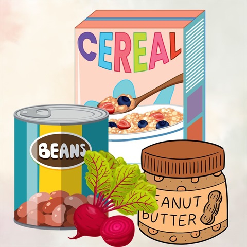 “”Cartoon of a beat, peanut butter, can of beans, and a box of cereal on a abstract multi-colored watercolor background.