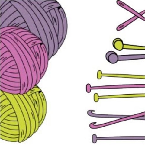 “”Purple, pink, and lime green balls of year on the left with tapestry needles, knitting needles, and crochet hooks on the right. 