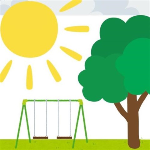 “”A sun, a green swing set, and a tree, on a white background.