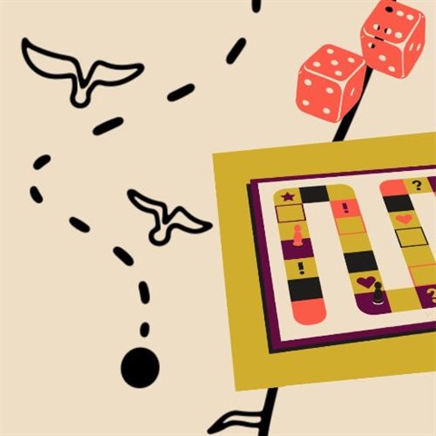 “”Yellow and orange boardgame with big red dice on top of a treasure map. 