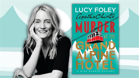 Author Lucy Foley with her book Murder at the Grand Alpine Hotel.