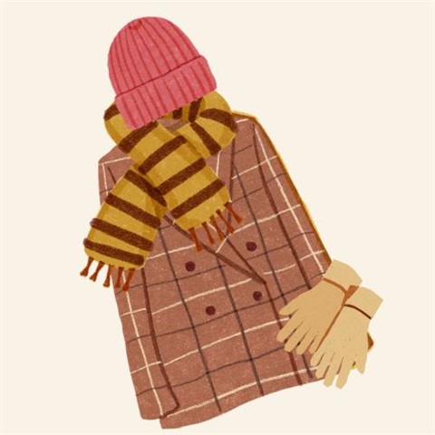 “”Image of a red beanie, yellow and black striped scarf, brown coat, and beige gloves, on a beige  field.