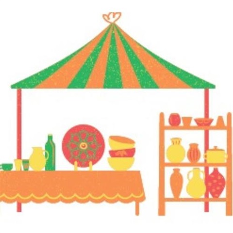 “”Cartoon market stall with red, orange, yellow, and green ceramics on an orange table.